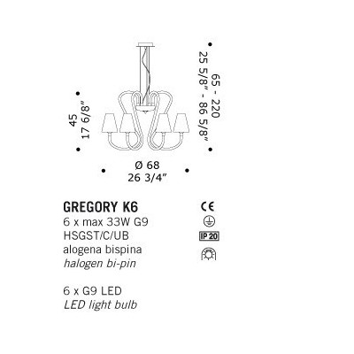 De Majo Gregory K6 lampadario 6 luci dimensioni