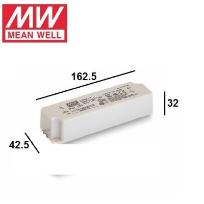 Meann Well alimentatore per strisce  led 24V 60W in contenitore plastico IP65 per esterno dimensioni