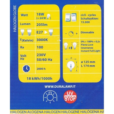 Lampanine ecoalogene a globo in vetro trasparente diametro cm 12,5, potenza 18W, attacco E27