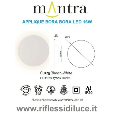 Mantra applique Bora Bota tondo diametro 27 cm led 18W dimensioni