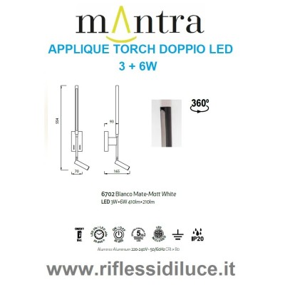 Mantra applique Torch a doppio led e doppia accensione dimensioni