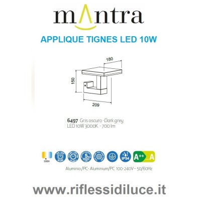 Mantra applique da esterno Tignes led 10W dimensioni