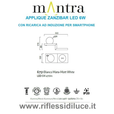 Mantra applique Zanzibar led 6W con sferetta e basetta wireless dimensioni.